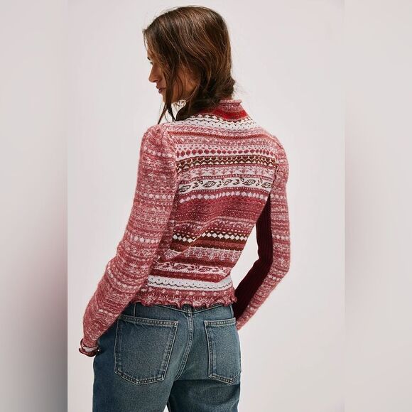 Free People Red & Pink Knit Sweater Cowl Neck Puff Sz L Boho Cottagecore NWT - Picture 8 of 16